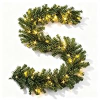9ft/2.7m Pre-Lit Christmas Garland - 70 Warm White LED 8 Light Modes - Green Bushy Artificial Pine Long Garland for Indoor Outdoor Use, Stairs, Fireplaces, Doors, Mantel Home Garden Wedding Decoration