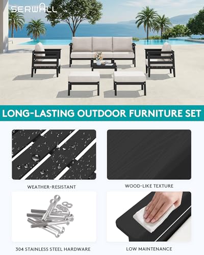 Image of SERWALL HDPE Patio Furniture Set, 8 Pieces Composite Outdoor Furniture | All-Weather Wood-Like Outdoor Sofa Couch with Coffee Table, Modular Design for Flexible Combination