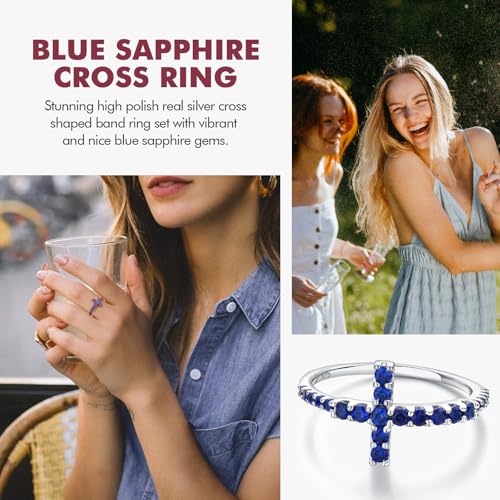 DAYBYDAY Cross Ring for Women 925 Sterling Silver Black Moissanite/Blue Sapphire Sideways Cross Rings Half Eternity Stackable Anniversary Wedding Bands Christian Religious Jewelry2