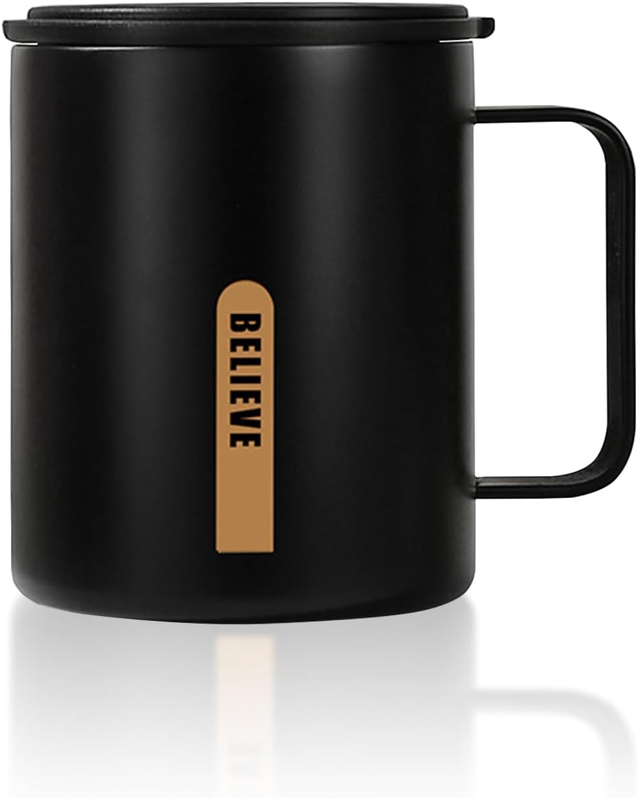 Thermal Mug 316 Stainless Steel Double-Walled Insulated Coffee Mug with Handle Lid Coffee to Go Mug BPA-Free Hot/Cold Ideal for Office and Home 400 ml (Black)