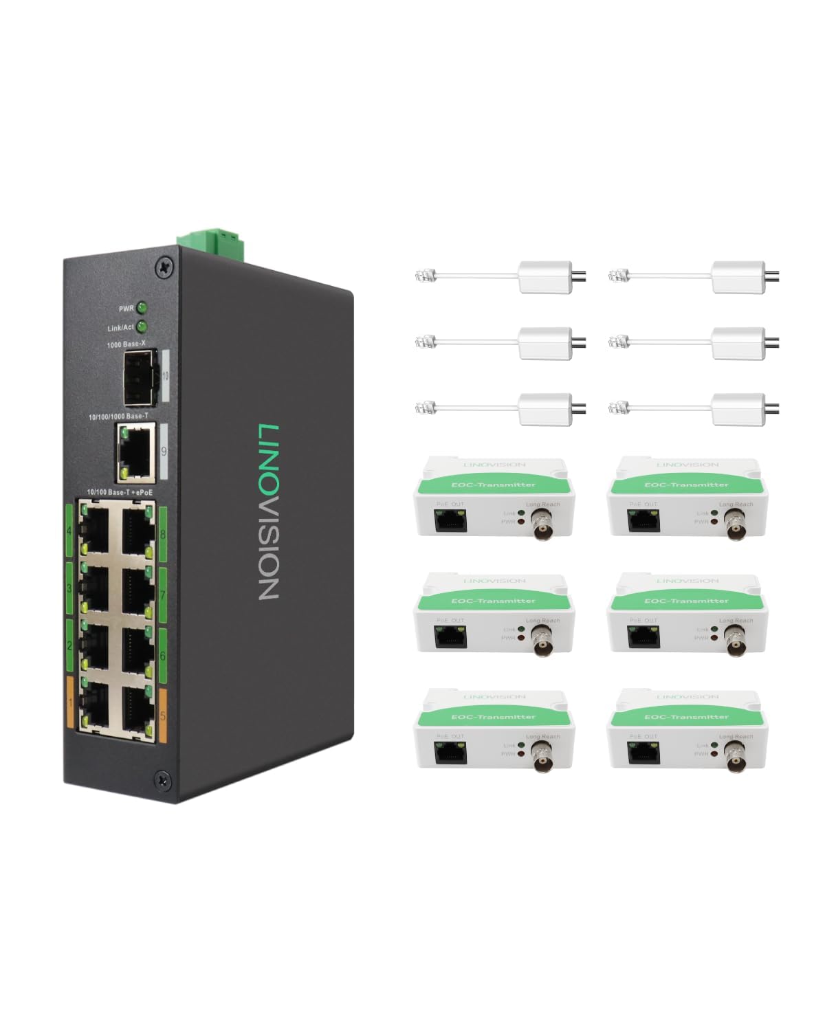 LINOVISION Industrial 8-Port EOC & POE Switch mit 6 EOC-Sendern, PoE mit großer Reichweite über Koaxial- oder UTP-Kabel, vereinfachte Verkabelung, Upgrade des analogen Systems auf IP-System