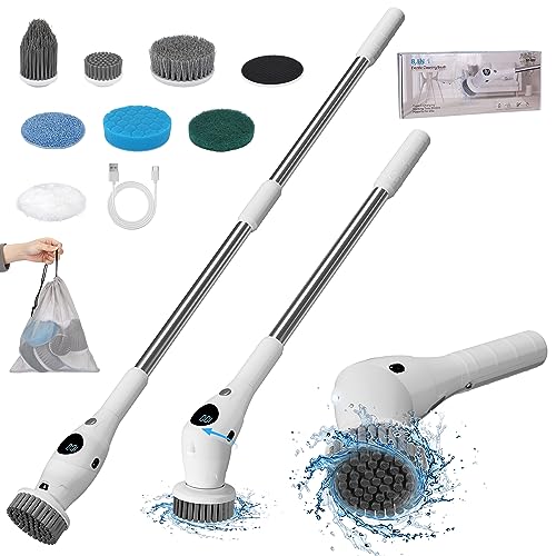 Electric Spin Scrubber, RealPlus 2023 New Cordless Cleaning Brush with 7 Replaceable Brush Heads, 3 Speeds and Adjustable Extension Handle, Power Brush for Bathroom Tub, Floor, Tile, Kitchen, Car Wash