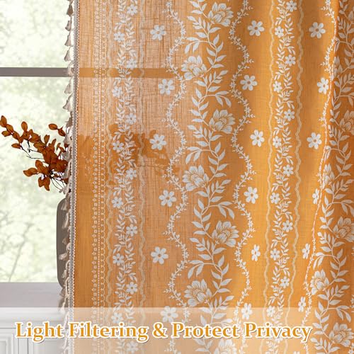 Image of MYSKY HOME Boho Floral Linen Curtains 72 Inch Length for Cafe 2 Panels