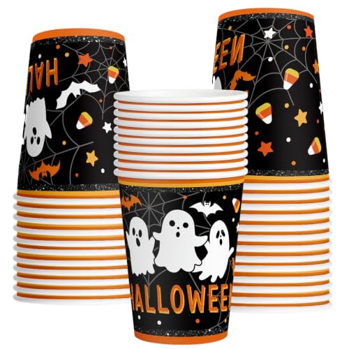 Litmitfu 30 Pack Halloween Paper Cups - Disposable Halloweens Heavy Duty Cups, Ghost Bats Spider Web Design Cup for Halloween Themed Party Decorations Supplies Favors, 9 oz - image 1