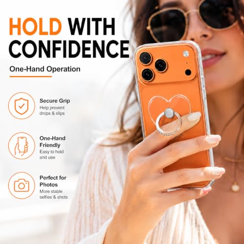 Image of Mizi 2Pack Transparent Heart Phone Ring Holder Kickstand, Bling Crystal Finger Grip Stand with 360 Rotation for iPhone, Samsung, Android Phones & Cases - Rose Gold