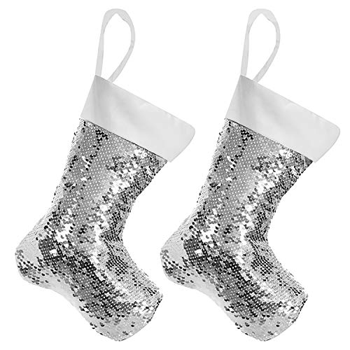 Jyflzq Silver Sequin Sublimation Christmas Stockings 2 Pack Glitter Reversible Personalized Blanks Flip Sequins Xmas Fireplace Hanging Stockings #TOP25