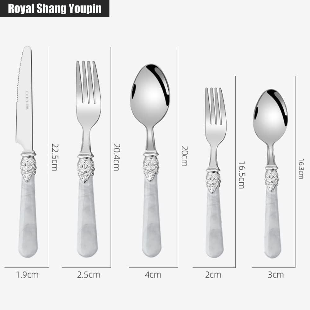 Marmo Manico Argenteria Stoviglie Set Acciaio Inox Posate Bistecca Tavolo Coltello Forchetta Cucchiaio Frutta Cucchiaino (Bianco,20 pezzi)