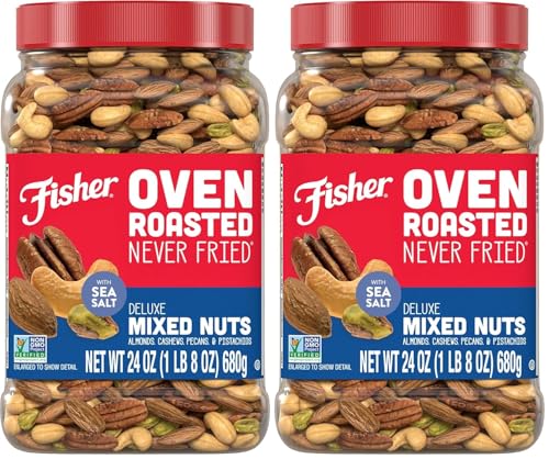 Image of Fisher Oven Roasted Never Fried Deluxe Mixed Nuts, 24 Ounces, Almonds, Cashews, Pecans, Pistachios, Healthy Snacks for Adults, Made With Sea Salt, No Added Oil, Trail Mix, Gluten Free (Pack of 2)