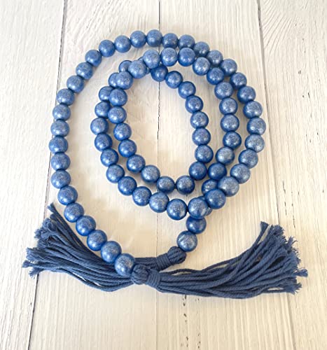 Insiswiner Farmhouse Beads 58in Handcrafted Darkblue Wood Bead Garland with Tassels Rustic Country Decor Prayer Boho Beads Big Wall Hanging and Coffee Table Decor