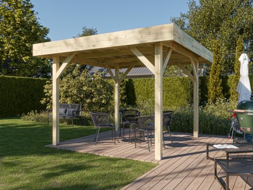 Woodtex Pavillon Gartenlaube | BxTxH: 356 x 356 x 244 cm | Sockelmaß BxT: 306 x 306 cm | Pfostenstärke: 11,5 x 11,5 cm | Kiefern-Holz | Flachdach