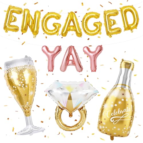 Image of Gold Engagement Party Decorations, Engaged Yay Balloons Letters Banner, Diamond Ring White Champagne Bottle Balloon Glass Foil Balloon for Bachelorette Engagement Wedding Bridal Shower Party Supplies