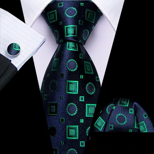 Image of Barry.Wang Plaid Ties Check Mens Necktie Set with Handkerchief Cufflinks Classic Stripe
