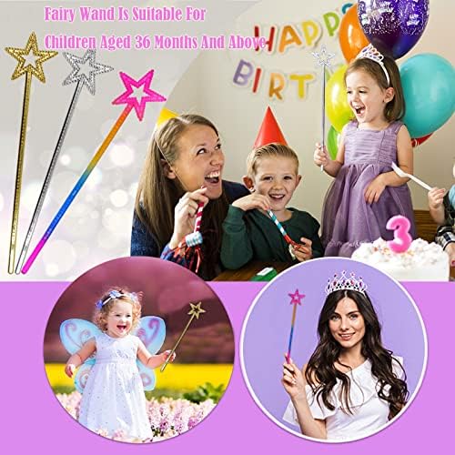 3 Pcs Fairy Wand, Princess Star Wands for Girls, Angel Fairy Wands Sticks for Christmas, Halloween, Birthday, Party, Masquerade Dress Up, Gift for Girls( Silver, Gold, Colour)