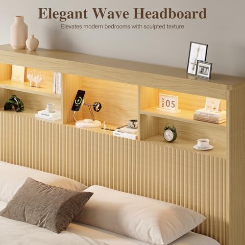Uteeran Queen Size Bed Frame and Tall Headboard & Storage, Metal Platform Bed Frame with 4 Storage Drawers, Queen Bed Frame with LED Lights & Charging Ports, No Box Spring Needed, Noise-Free, Natural — view 4