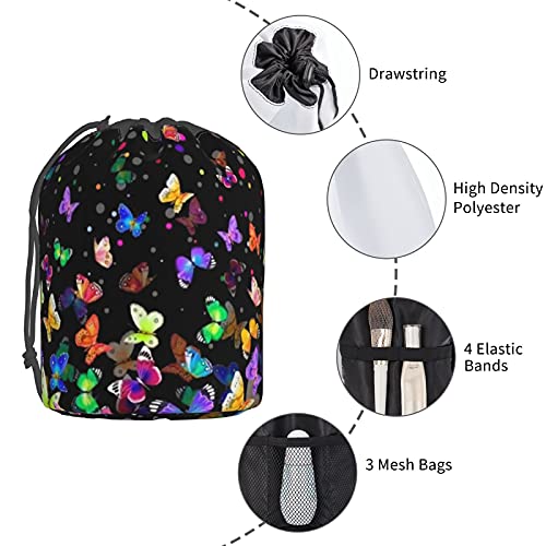Ptonuic Starry Butterfly Travel Cosmetic Bag Drawstring Barrel Makeup Bag,Women&Girls Portable Foldable Case,Multifunctional Toiletry Bucket Bag Round Organizer Storage Pocket Soft Collapsible #TOP3