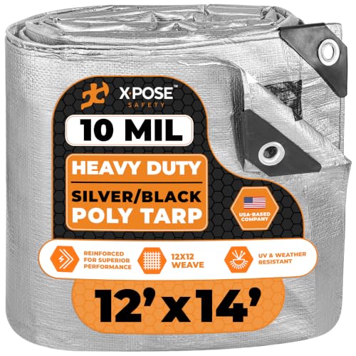 Image of Heavy Duty Poly Tarp - 12' X 14' -10 Mil Thick Waterproof, UV Blocking Protective Cover - Reversible Silver and Black - Laminated Coating - Grommets - by Xpose Safety