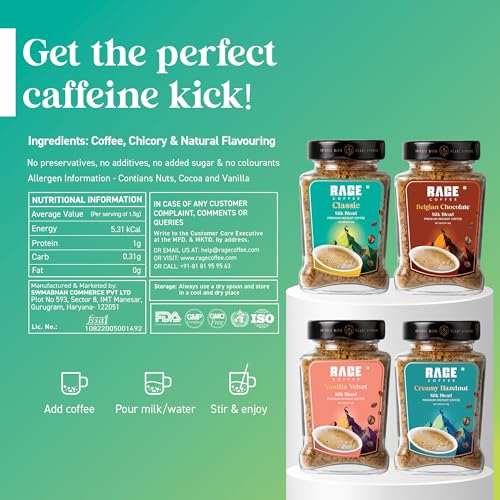 Image of RAGE COFFEE Silk Blend 60G X 4 Flavoured Instant Coffee Powder Of Belgian Chocolate, Classic, Creamy Hazelnut, Perfect Coffee Blend | Hot & Cold Coffee | Bottle| Pack Of 4- (240 Gram)