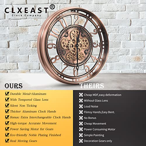 Clxeast Moving Gear Wall Clock For Modern Living Room Decor, Large Industrial Wall Clock With Steampunk Gears, Big Arabic Numerals Rose Gold Metal Wall Clock For Office,Bronze Copper (21 Inch) #TOP3