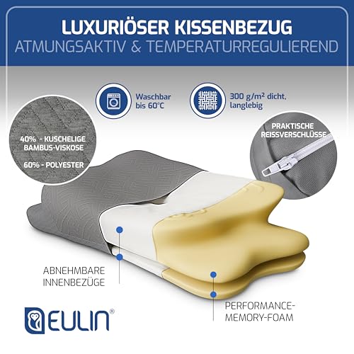 EULIN® ORTHOPÄDISCHES KOPFKISSEN – Ergonomisches Memory Foam Kissen - IGR zertifiziertes Nackenstützkissen für Seitenschläfer & Rückenschläfer – Antischnarch Kissen Schlaftherapie MF1 grau