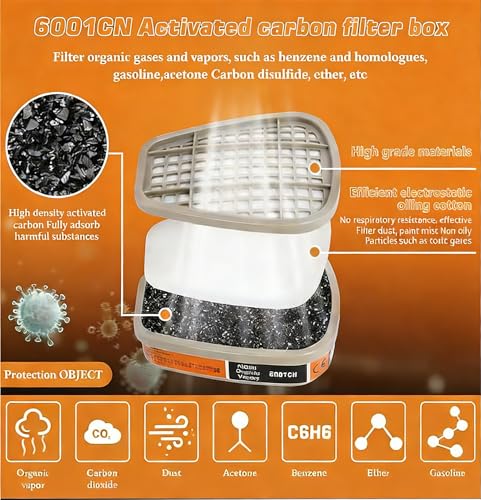 Atmungsmaske Halbe Gesichtsmaske mit 6001 Filter, + 20x Filterbaumwolle,Staubmasken, Atmungsschutz, Feinstaub, Lackmaske für Gase, Dämpfe, Epoxidharz, Spraylackierung, Chemikalien, Schleifen, Bau