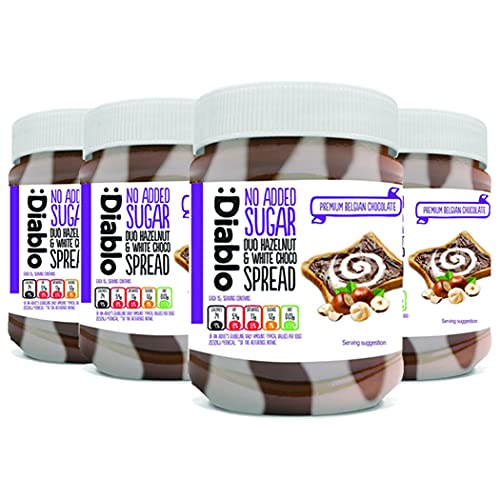 Diablo No Added Sugar Duo Hazelnut & White Chocolate Spread – Sweetened with Maltitol – Low Sugar Belgian Chocolate Spread for Toast, Waffles, Breakfast, Baking, Healthy Snacking - 350g Each, 4 Pack