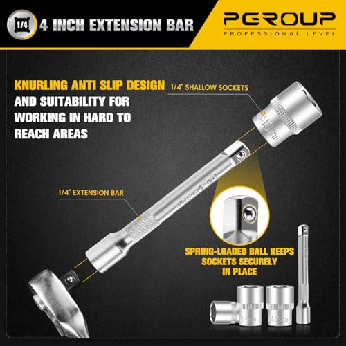 Image of 12PCS 1 /4 inch Drive Metric Socket Wrench Set, 90-Tooth Reversible Ratchet Handle,6 Point Shallow Sockets (4-13mm) and Extension Bar 4 inch, CR-V Steel, Tool Set For Car,Motorcycle,Bike Repair