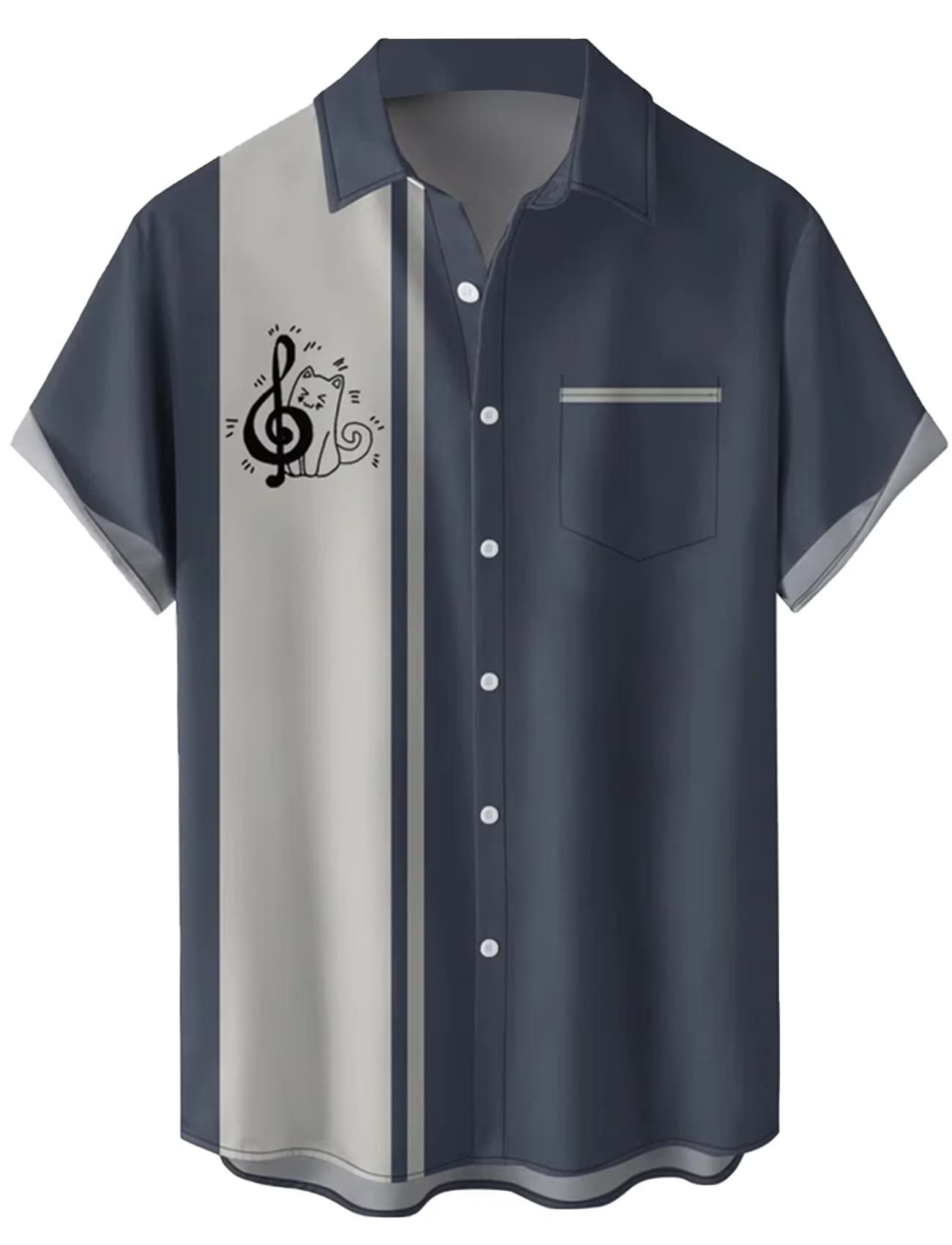 Lzzidou Men's Music Note-Cat Vintage Bowling Shirt 1950S Retro Rockabilly Style Short Sleeve Button Down Music Hawaiian Shirts, 3XL