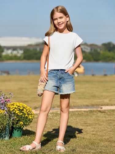 Haloumoning Girls Cap Sleeve T Shirts Kids Summer Crewneck Solid Tops Tees 5-14 Years3