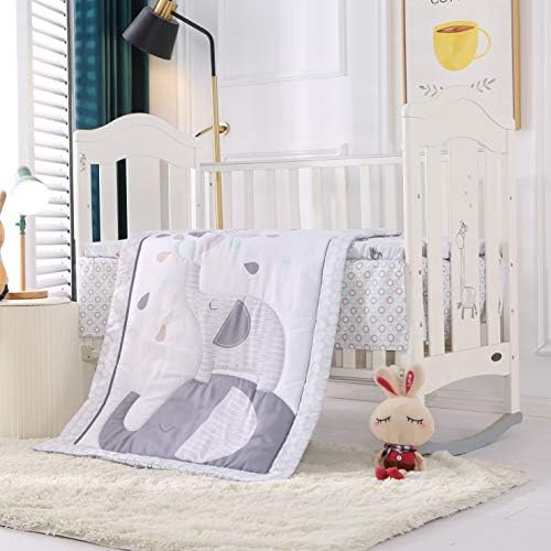 VIVILINEN Grey Elephants Baby Crib Bedding Set for Boys Girls 3 Pieces Animals Infant Nursery Baby Crib Comforter Set with Crib Bed Quilt Fitted Sheet Skirt Set for Standard Size Crib