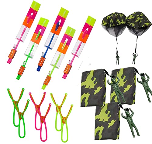 20PCS LED Light Arrow Rocket Helicopter Flying Toys & 5PCS Army Men Action Figures Tangle Free Throwing Toy Parachute, Party Fun Gift Elastic Slingshot Flying Copters Outdoor Game for Kids