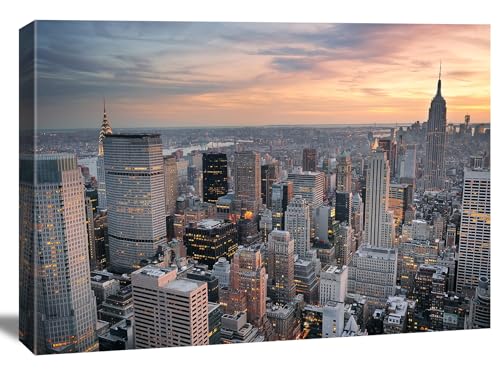 WTD 5060 Impression sur toile Motif paysage de New York au coucher du soleil 120 x 80 cm Prêt à accrocher Format XXL