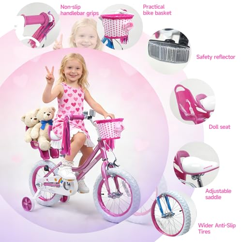 Image of WinHope Girls Bike, 12-18 Inch Children's Bicycle for 2-9 Years Old, Beginner Kids Bike with Training Wheels, Doll Seat & Basket,Streamers for Outdoor Riding, Multiple Colors