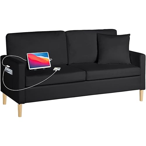 TYBOATLE 66" W Faux Leather Loveseat Sofa w/ 2 USB Charging Ports and Pillow, Mid-Century Modern Couch Love Seats, Living Room Accent Sofas Couches for Small Spaces, Apartment, Bedroom, Dorm (Black)