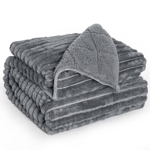 Image of UINIU Sherpa Fleece Weighted Blanket with 3D Ribbed Stripes, 15 lbs Soft Flannel Heavy Throw Blanket for Couch Full Size Bed, Heavy Thick Blankets with Glass Beads, Great for Deep Sleep, 60" x 80"