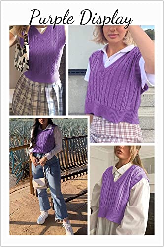 Lailezou Women's V-Neck Knit Sweater Vest Solid Color Argyle Plaid Preppy Style Sleeveless Crop Knit Vest #TOP2