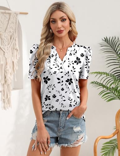 Image of Zeagoo Women Blouses Puff Short Sleeve Tops V Neck Dressy Casual Spring Shirts Boho Floral Cute Clothes 2026