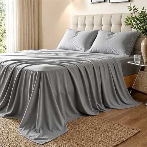 Tensoboo Queen 4 Piece Bed Sheet Set, 100% Viscose from Bamboo, Anti-Pilling 400TC Twill Weave, Cooling Breathable Sheets for Hot Sleepers, 16 Inch Deep Pocket, Soft and Smooth, Gray