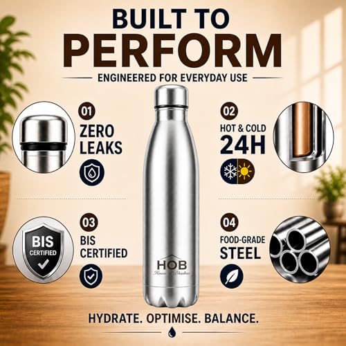 Image of House of Bhaskar Thermosteel Water Bottle 1 Litre | 24 Hours Hot & Cold Insulated Vacuum Flask | Double Wall Stainless Steel, BIS Certified, Leakproof 1000ml for Office, Gym, School, Travel