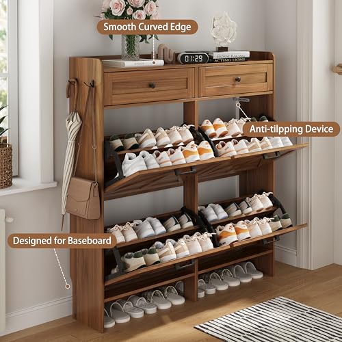 Image of Shoe Cabinet with 4 Flip Drawers & 2 Top Drawers, 43 inch Tall Freestanding Narrow Wooden Shoe Storage Organizer for Entryway, Hidden Slim Shoe Rack for Front Door Entrance, Hallway, Living Room, Walnut