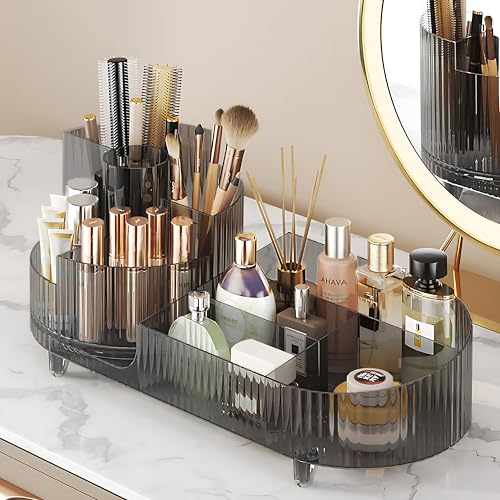 Durku 360 Rotating Makeup Organizer for Vanity- Large Capacity Cosmetic Display Case Easy To Hold Makeup Products at least 20 Makeup Brushes/Eyeliner 10 Lipsticks 8 Skincare Products (Grey)