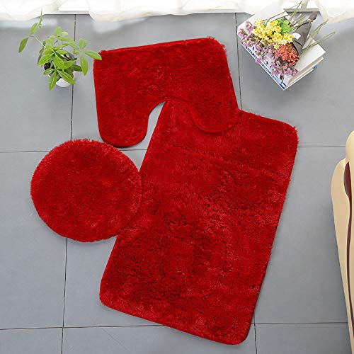 Tapis de bain antidérapant et absorbant en soie avec couvercle de toilette rouge vin