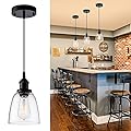 IMPIOIO Pendant Light Over Island Hanging Lighting Industrial Clear Glass Adjustable Cord for Sink Kitchen Island Dining Room, Black, 1 Pack