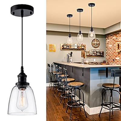 IMPIOIO Pendant Light Over Island Hanging Lighting Industrial Clear Glass Adjustable Cord for Sink Kitchen Island Dining Room, Black, 1 Pack