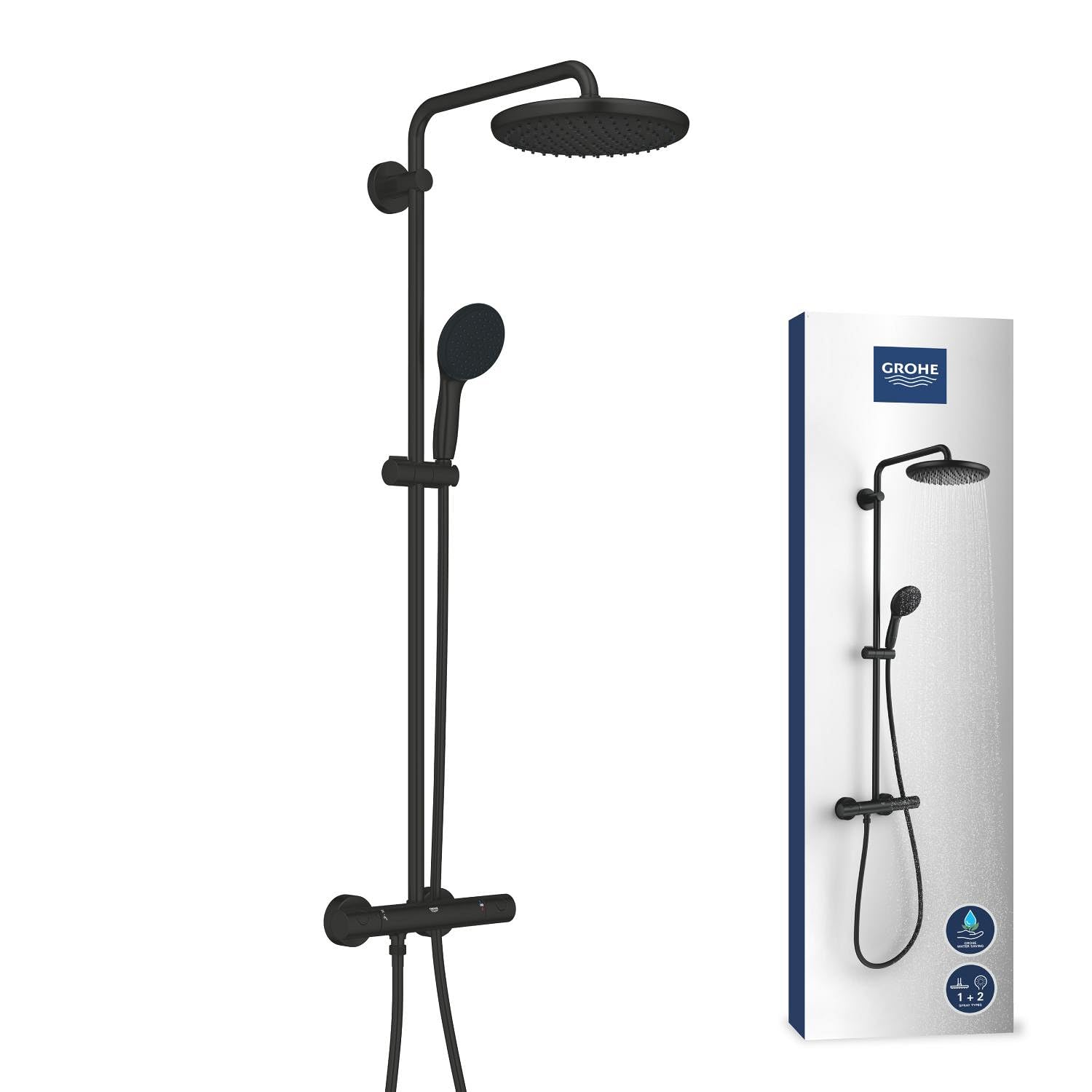 Grohe Vitalio Start System 250 - Colonna doccia con miscelatore termostatico, doccia a testa rotonda, 25 cm, 1 getto, doccetta rotonda 11 cm, 2 getti, flessibile 1,75 m, risparmio idrico, nero opaco,