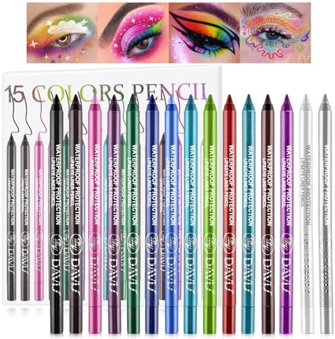 15 Colorful Eyeliner Pen Set, Eye Shadow Pencil, Pearl Eyeliner Kit Metallic Glitter Colored Eye liner for Women Eye&Lip Liner Professional Waterproof Eye Makeup
