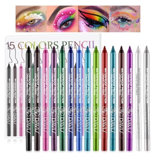 Meilury 15 Colorful Eyeliner Pen Set, Eye Shadow Pencil, Pearl Eyeliner Kit Metallic Glitter Colored Eye liner for Women Eye&Lip Liner Professional Waterproof Eye Makeup