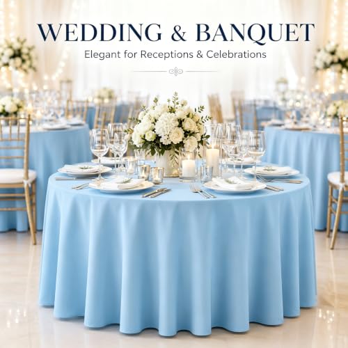 Image of WNINK 2 Pack Light Blue Round Tablecloth, 84 Inch Disposable Plastic Table Covers, Light Blue Round Table Cover for Birthday Parties, Holiday, Picnic, BBQ, Family Gathering Party Supplies
