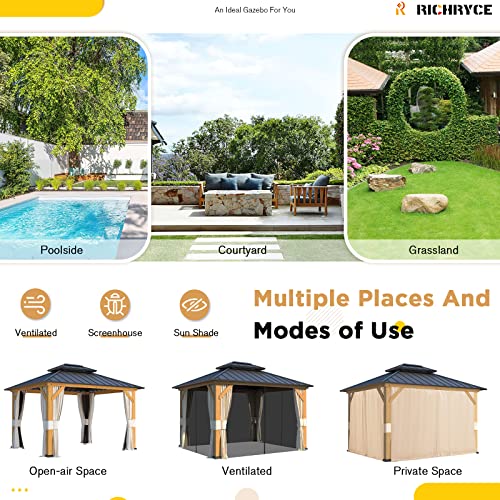 Richryce 11' X 13' Solid Wood Gazebo, Hardtop Gazebo Plastic Sprayed Metal Roof Outdoor Gazebo Canopy Double Vented Roof Pergolas Wood Frame With Netting And Curtains For Garden, Patio, Lawns, Parties #TOP6