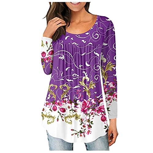 OutTop Women s Plus Size Tunic Tops Casual Loose Fitting Flowy Tshirts Ruched Botton Up Long Sleeve Blouses (Purple, XXL)