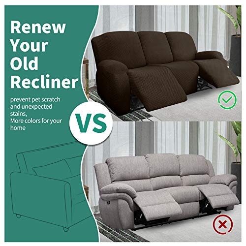 Image of YEMYHOM 8 Pieces Stretch Recliner Sofa Cover Jacquard Reclining Couch Cover with Side Pocket Anti-Slip Fitted 3 Cushion Furniture Slipcovers with Elastic Bottom (Sofa Recliner, Dark Coffee)